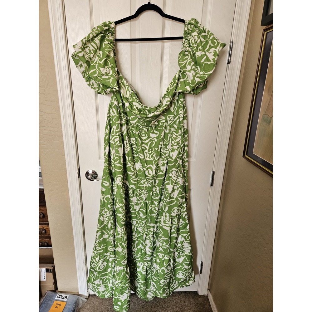 NWT Rebdolls Green/White Allegra Off Shoulder Tiered A-Line Maxi Dress, Plus 3X
